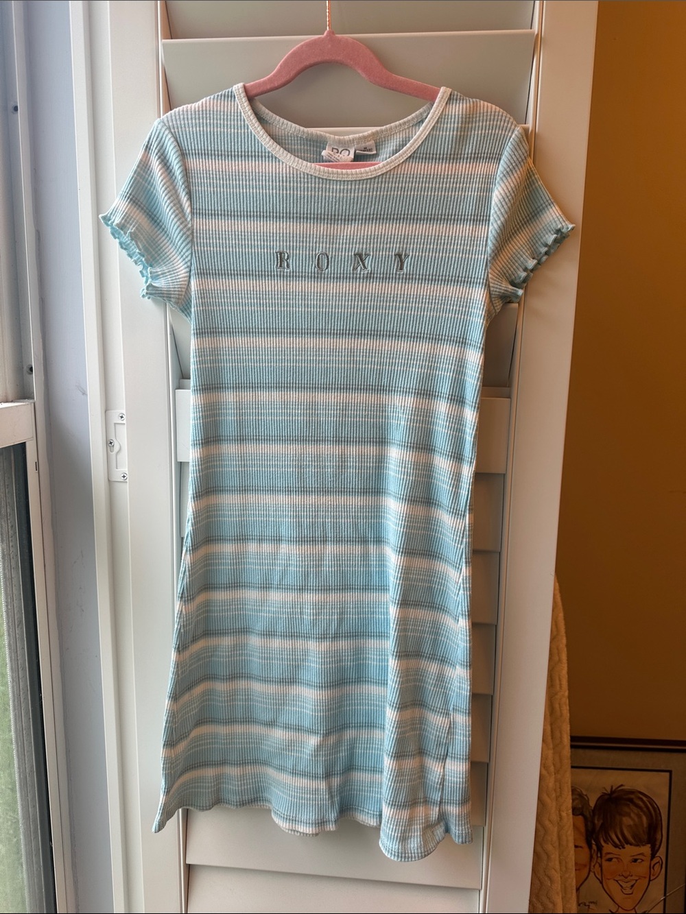 Roxy Light Blue and White Striped Ribbed Tee Dress